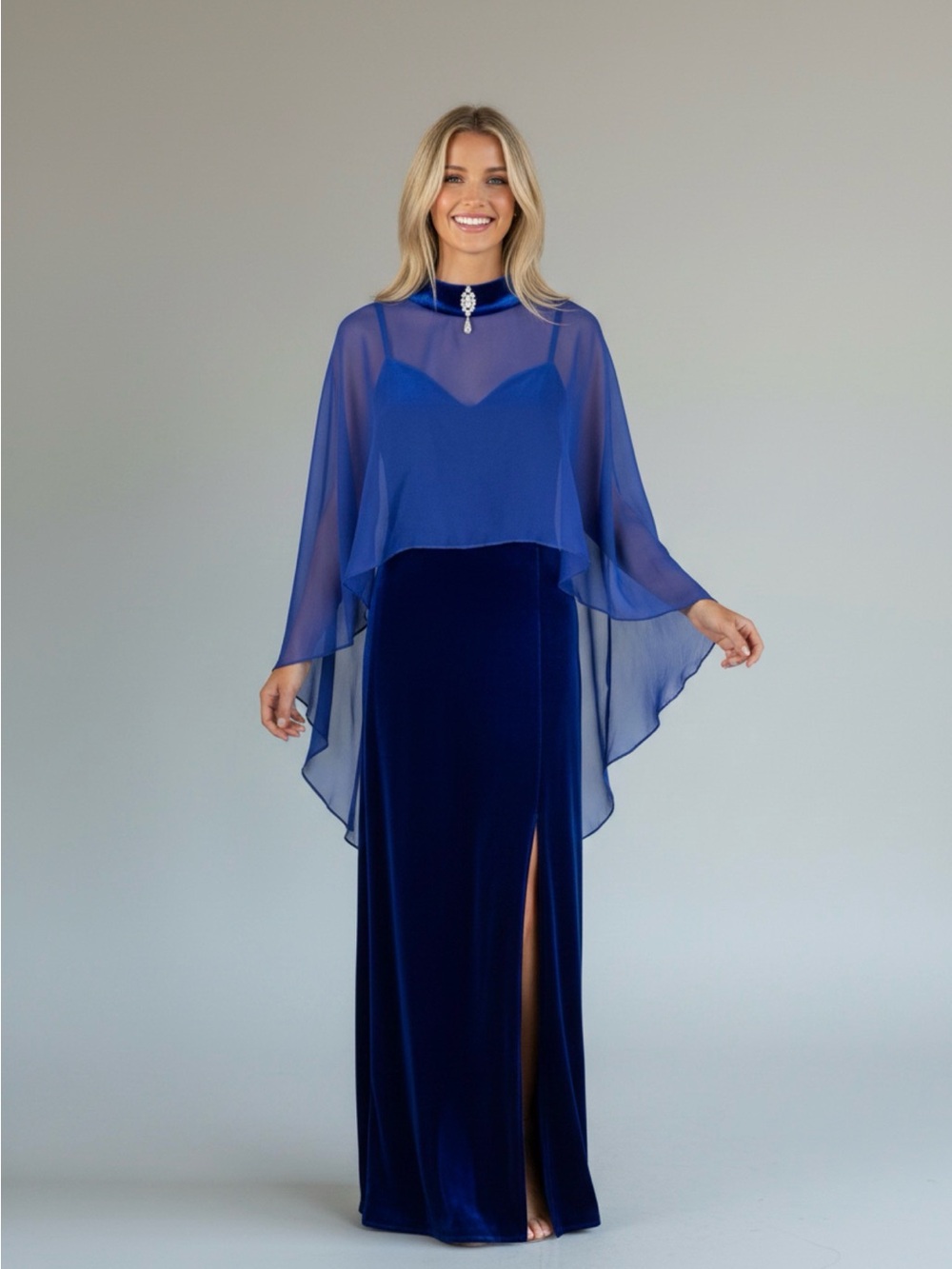 Vintage Royal Blue Stretch Velvet Gown with Hi Low Cape